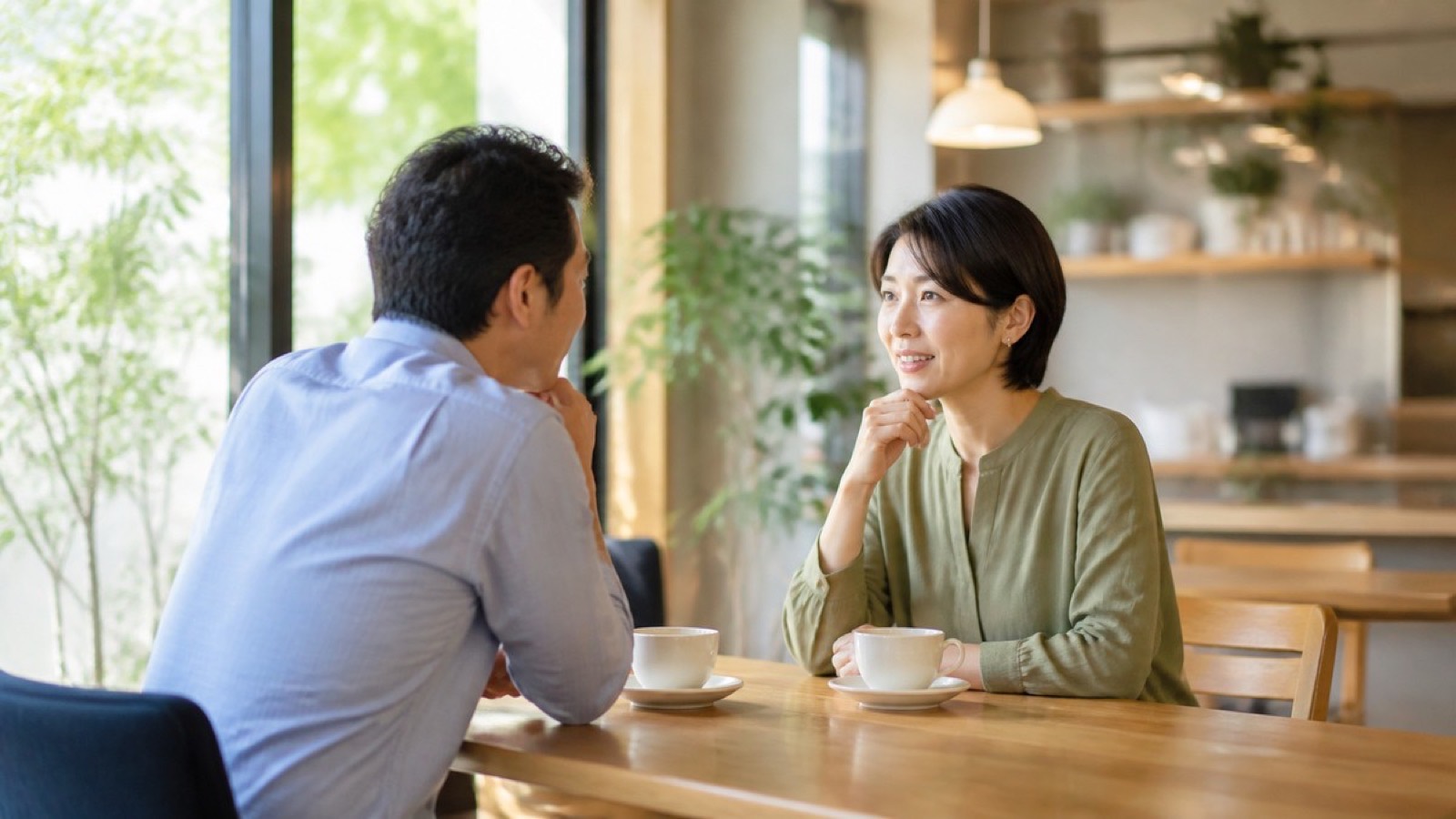カフェで向かい合って会話する40代前後の男女