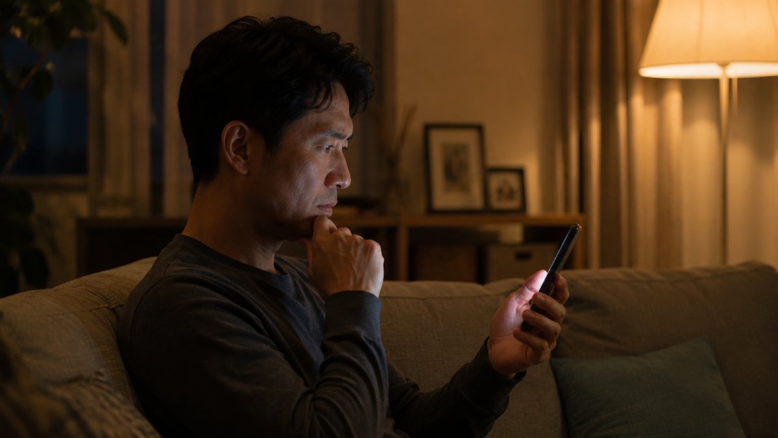 夜のリビングで真剣な表情でスマートフォンを見つめる40代男性