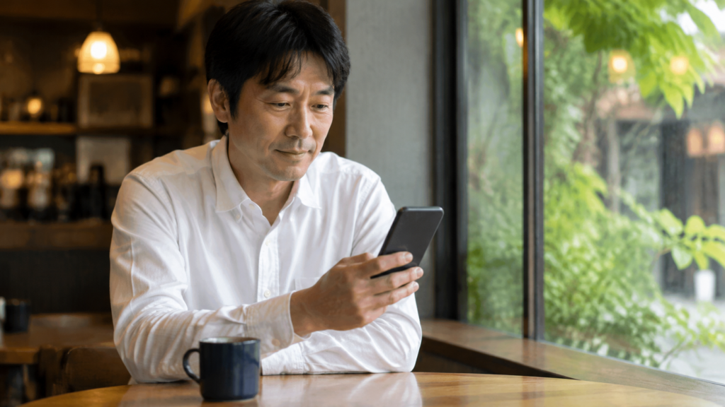 カフェでスマートフォンを見ながら婚活について考える40代男性