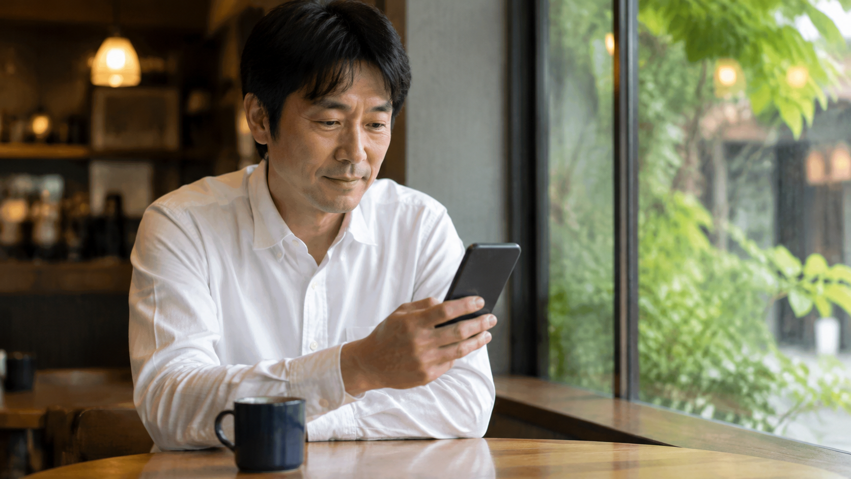 カフェでスマートフォンを見ながら婚活について考える40代男性