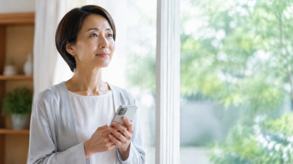 スマートフォンを手に婚活の進め方を考える40代女性
