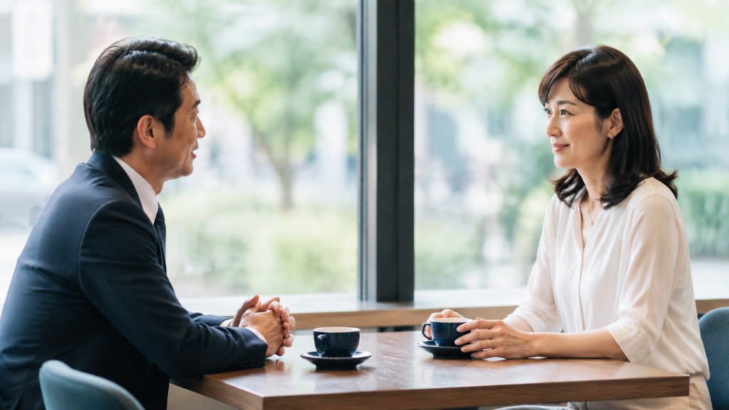 カフェでお見合いをする40代の男女