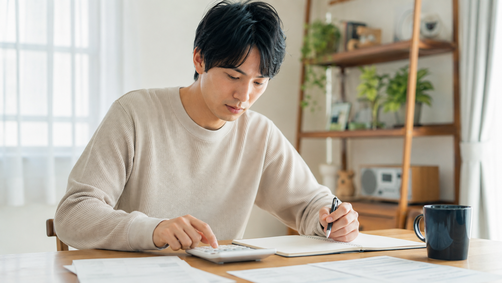テーブルで生活費と将来の支出を計算している20代から30代の人