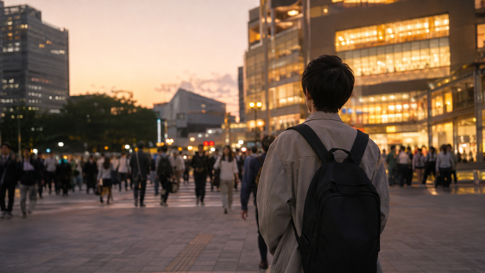 街の人の流れを眺めて立つ20代から30代の後ろ姿