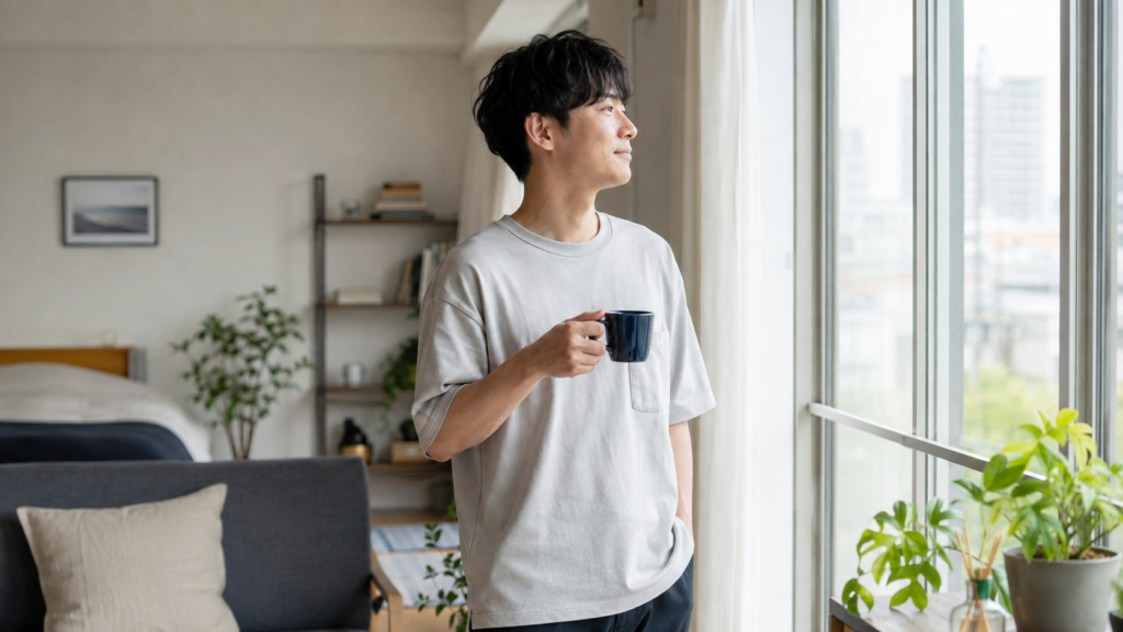 ひとり暮らしの部屋の窓際でマグカップを持ち外を眺める人