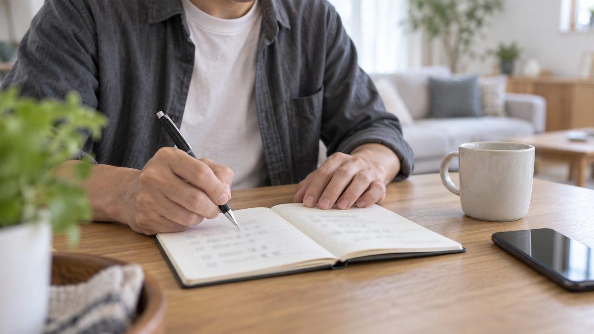 婚活で準備することをノートに書き出している男性の手元