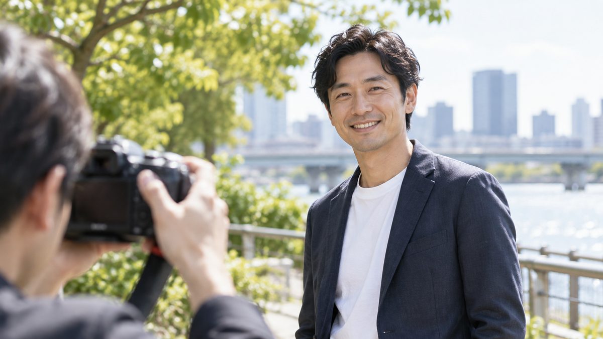 屋外の明るい場所でプロフィール写真を撮ってもらう男性