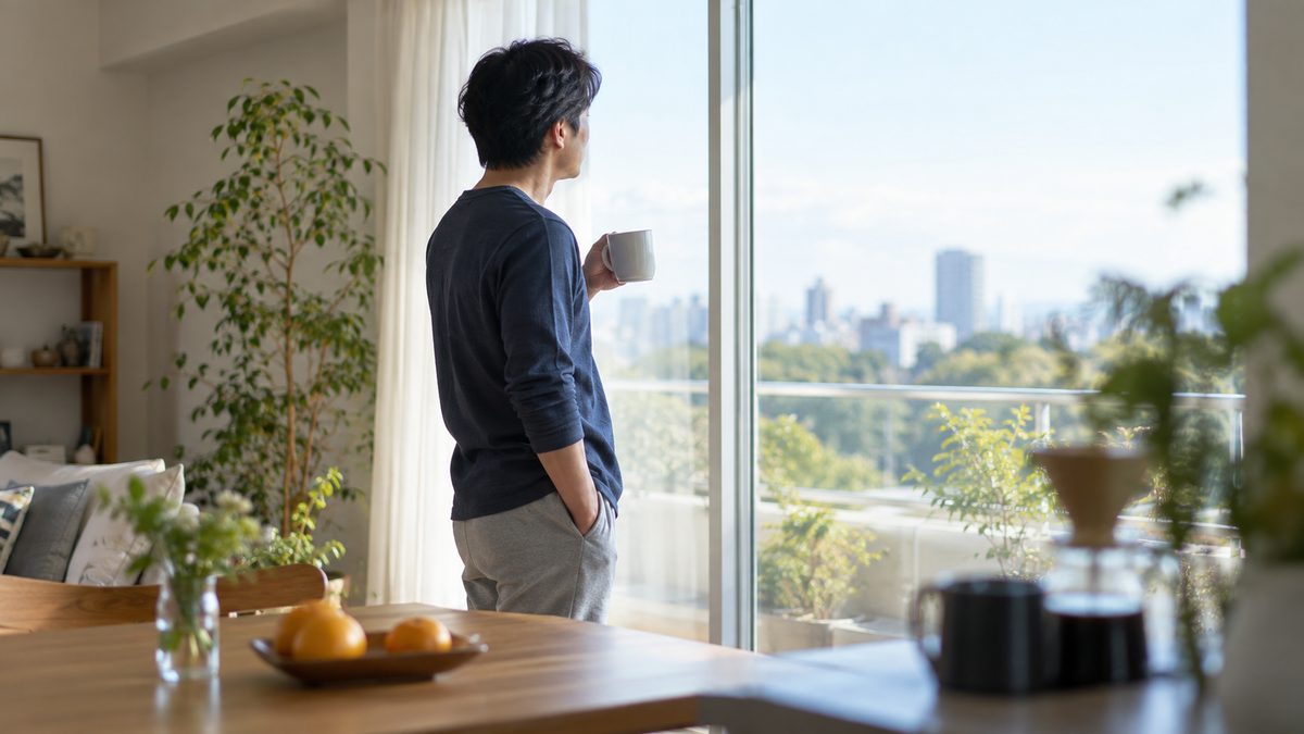 休日の明るい部屋で一人の時間を過ごす人