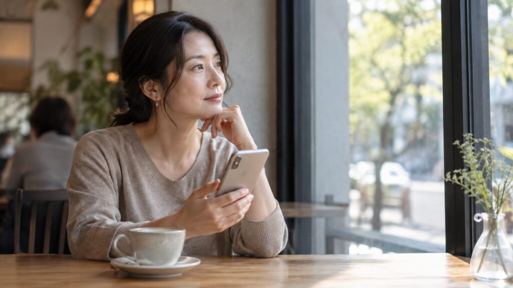 カフェでスマートフォンを見ながら考えごとをする人