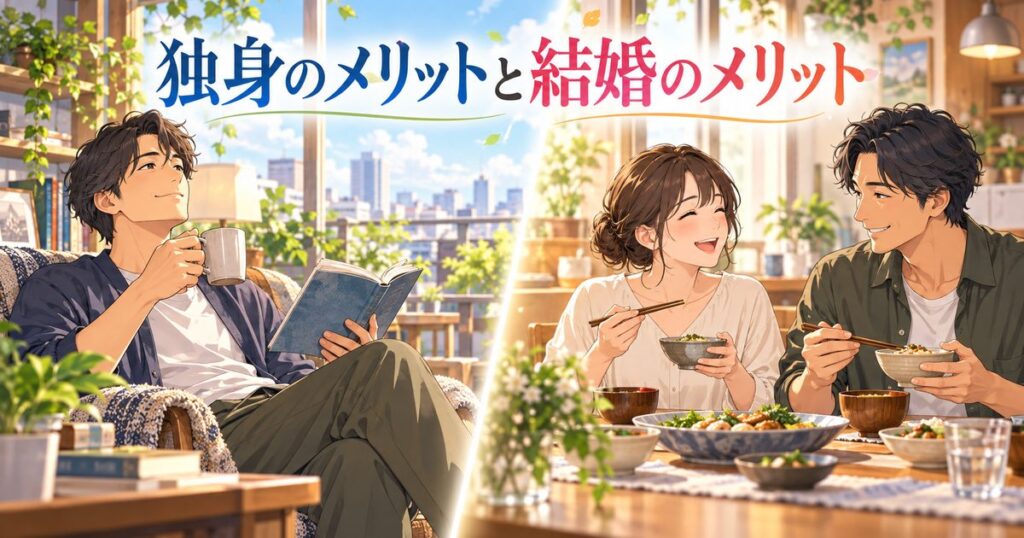 独身のメリットと結婚のメリットを男女別データで比べる記事のアイキャッチ