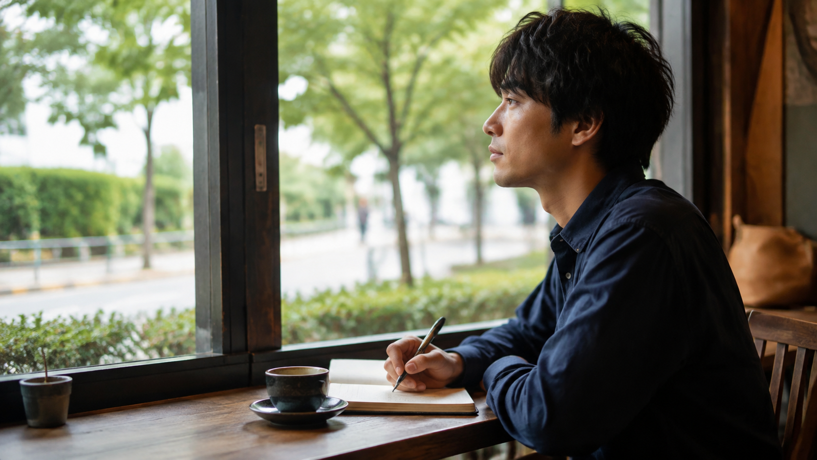 カフェの窓際で一人考えごとをする30代男性