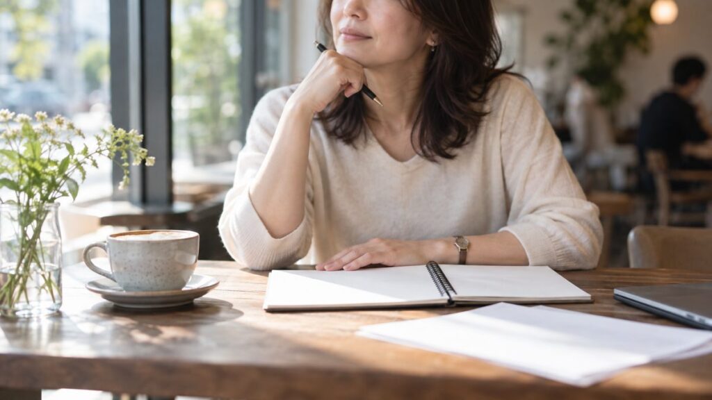 カフェのテーブルでノートを前に考えている40代の女性