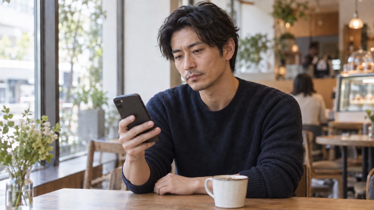 カフェでスマートフォンを見ながら情報を調べている人