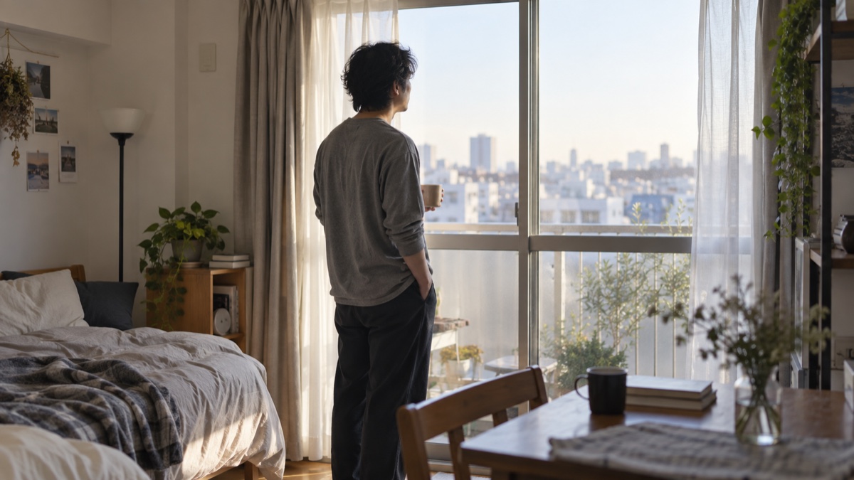 一人暮らしの部屋の窓辺に立つ人