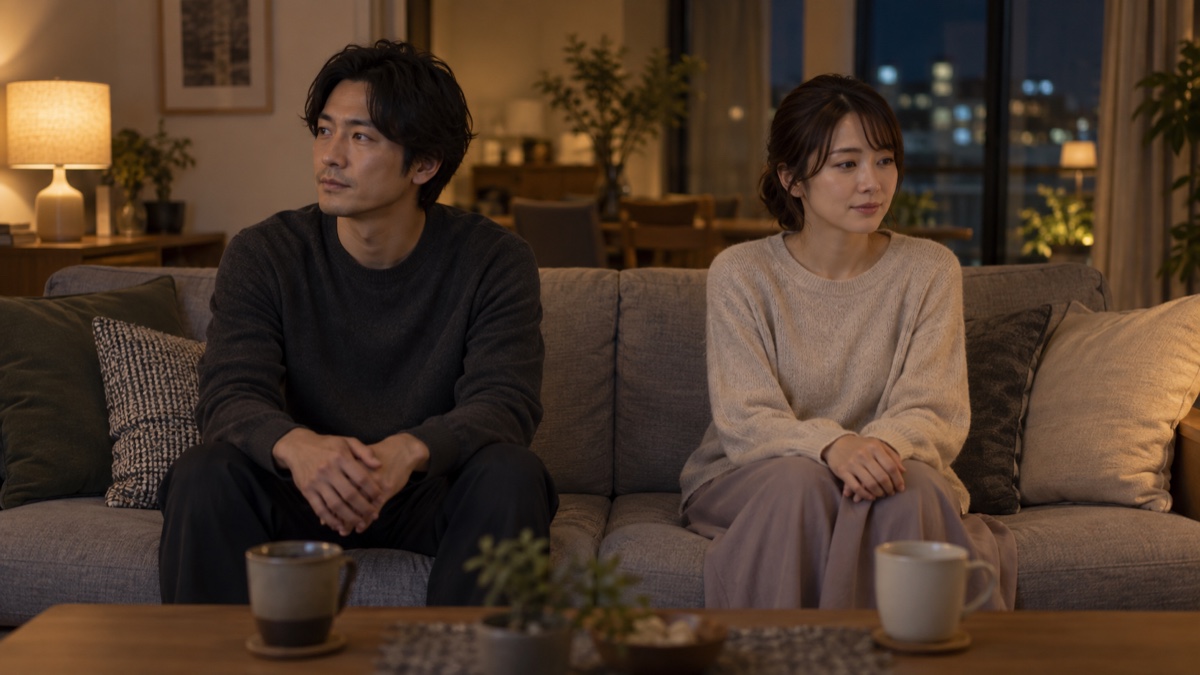 夜のリビングで少し距離を置いて座るカップル