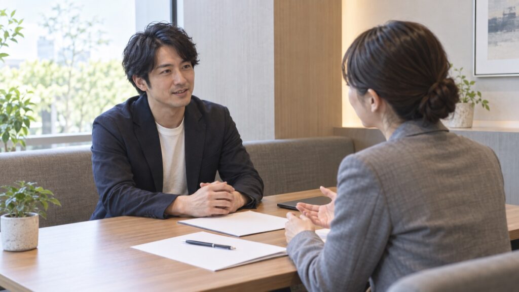 相談ブースで担当者に相談する男性