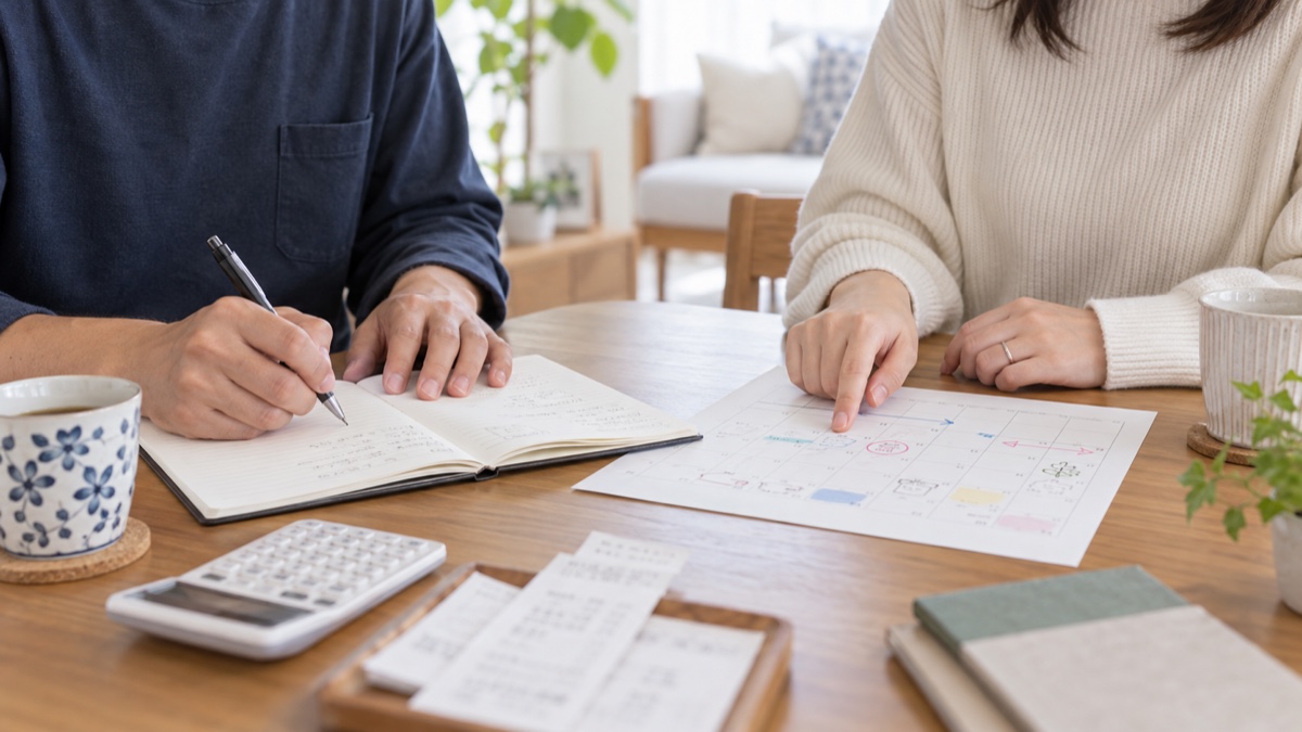 ノートに生活費と日程を書き出すカップルの手元