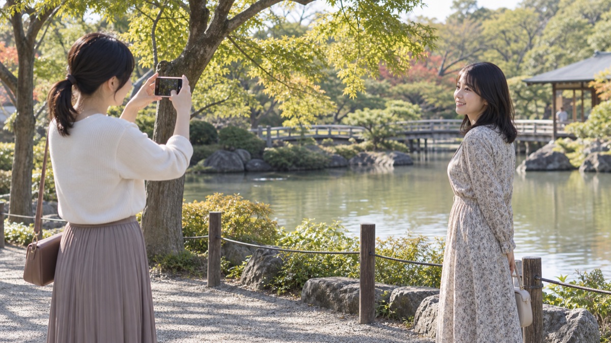友人がスマートフォンで人物を撮影する様子