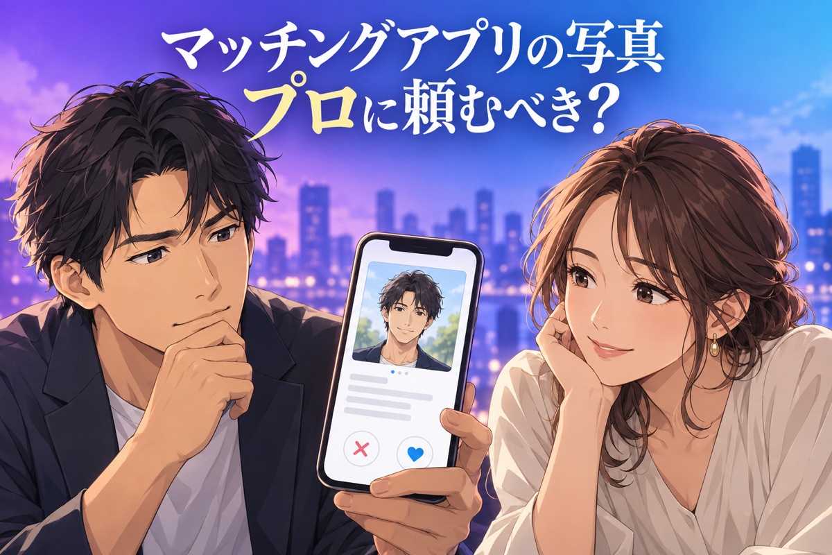 マッチングアプリのプロフィール写真を見て考える男女のイラスト