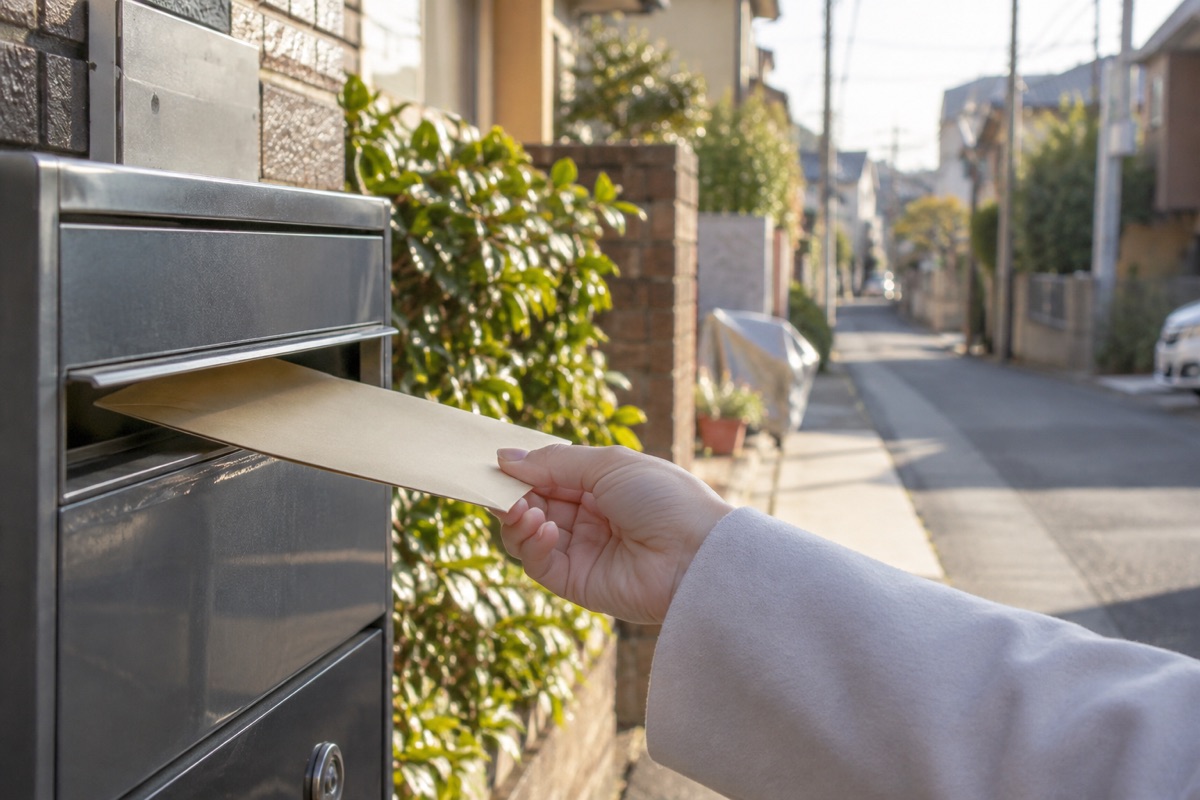 郵便ポストに封筒を投函する手元