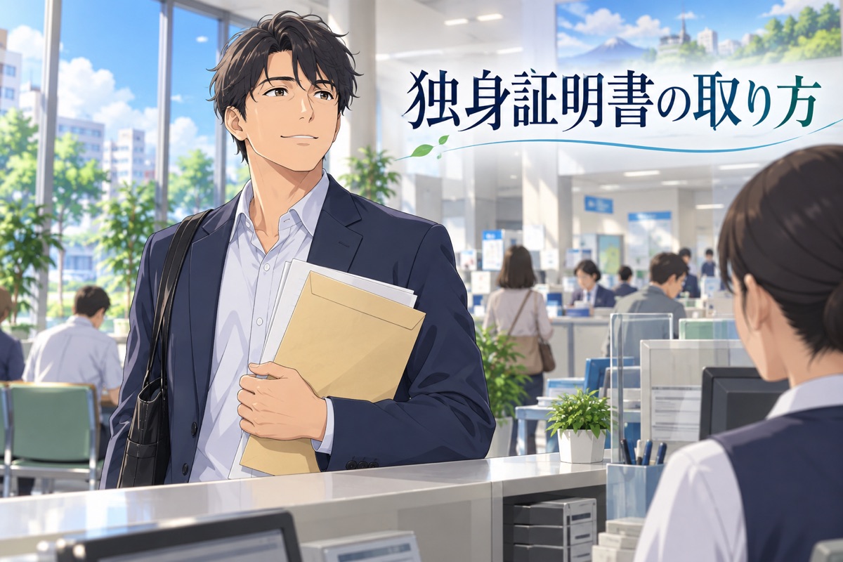 独身証明書の取り方を窓口で確認する男性