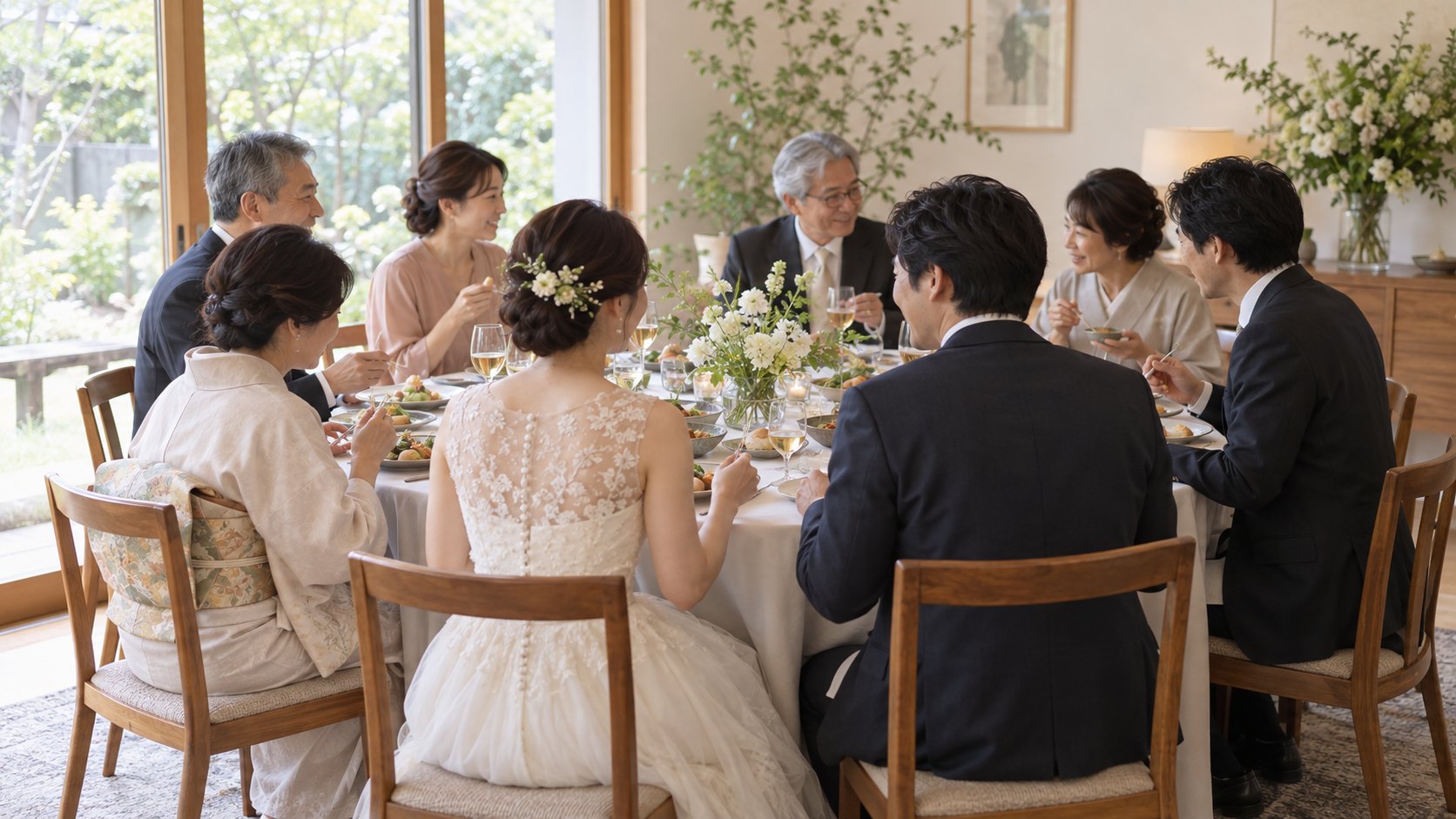丸テーブルを囲んで結婚を祝う家族の会食