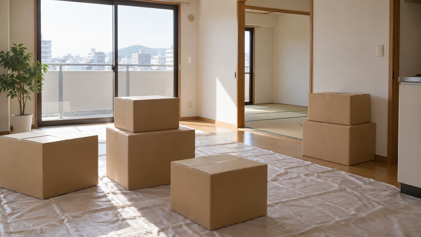 新生活を始める部屋に置かれた無地の段ボール箱