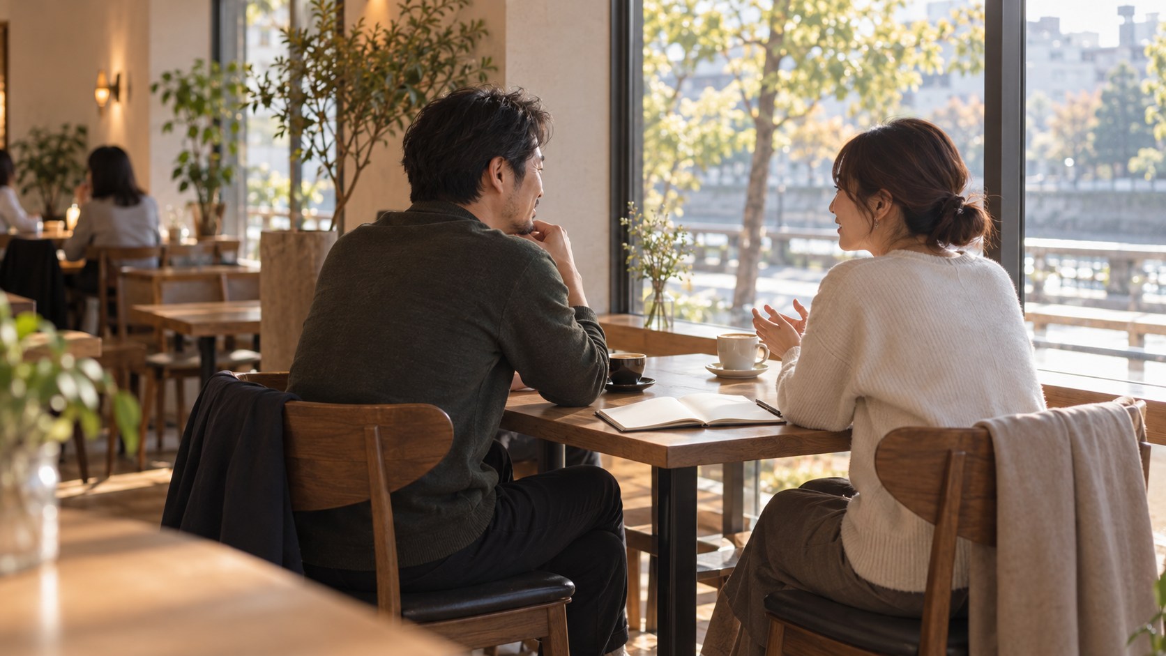 カフェの窓際で結婚について話し合うカップル