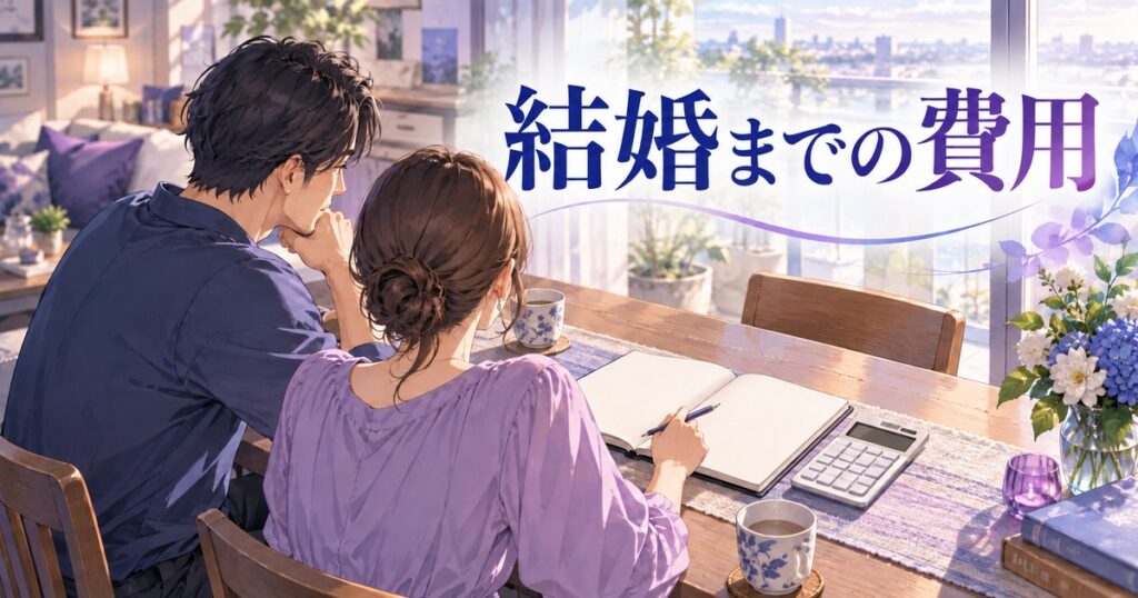 ノートと電卓を広げて結婚までの費用を計画するカップル
