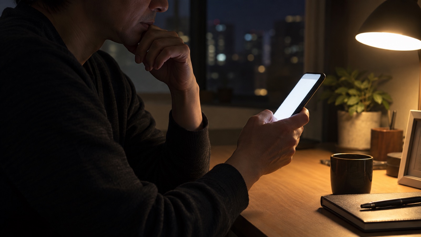 夜の自室でスマートフォンを持って恋愛相談先を考える様子