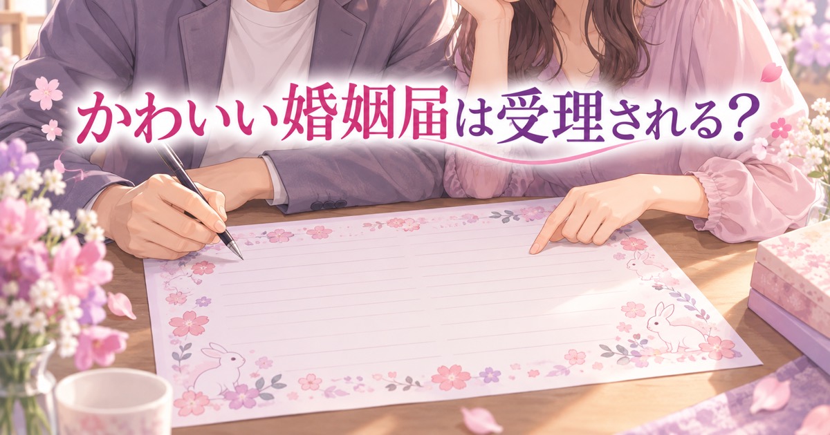 うさぎと花の柄が入ったかわいい婚姻届を二人で確認する場面