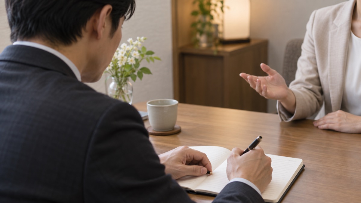 相談ブースで話を聞きながらメモを取る男性