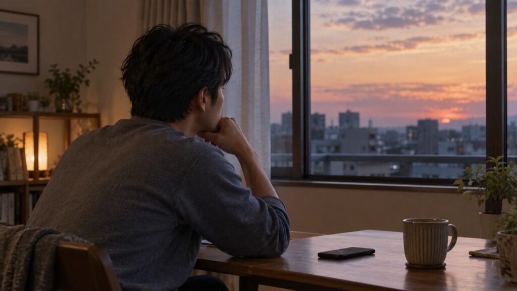 夕方の窓辺でスマートフォンを置き考えごとをする男性