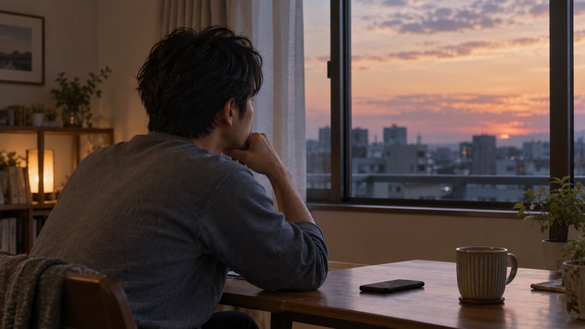 夕方の窓辺でスマートフォンを置き考えごとをする男性