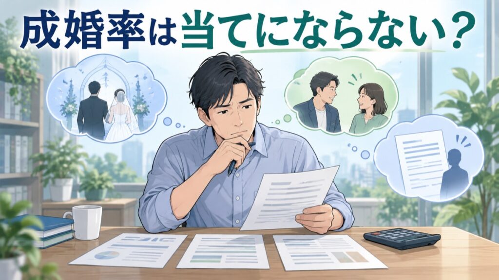 複数の資料を比較し成婚率の意味を考える男性のイラスト