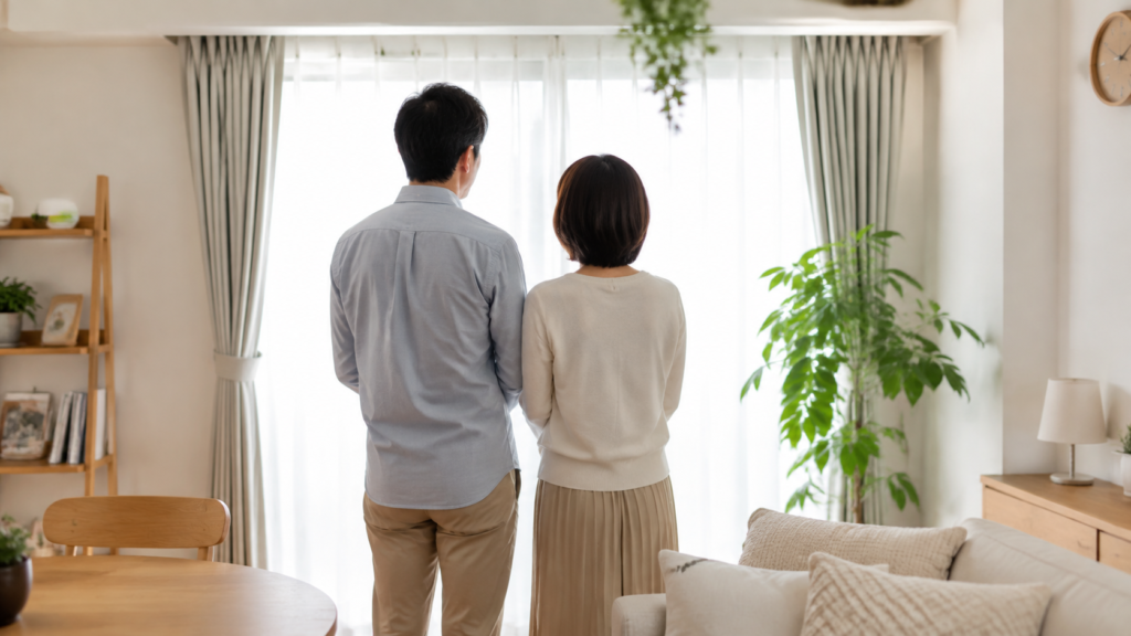 明るいリビングで穏やかに過ごす夫婦の後ろ姿