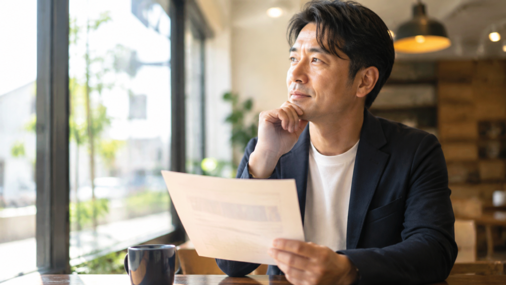 カフェで資料を見ながら考える40代の男性