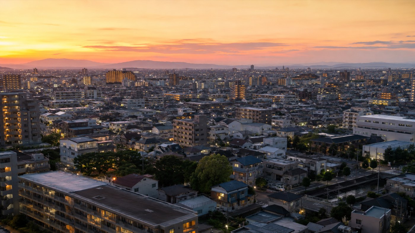 夕方の日本の都市の街並み