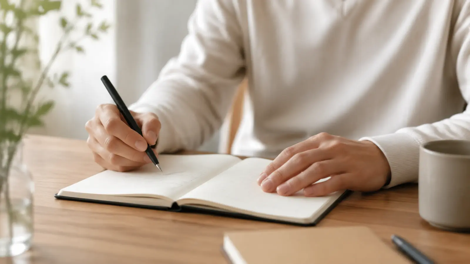 ノートに書き出しながら考えごとを整理している手元