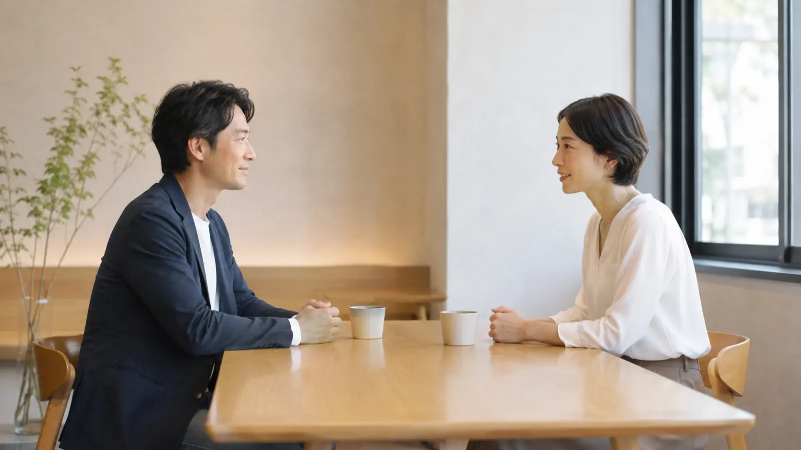 カフェで向かい合って穏やかに話す2人