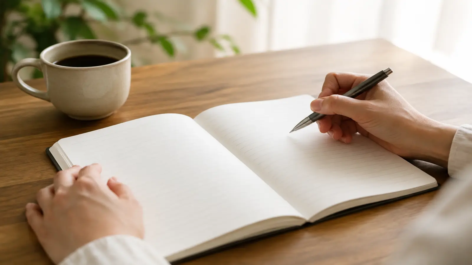 ノートに考えを書き出して整理している手元