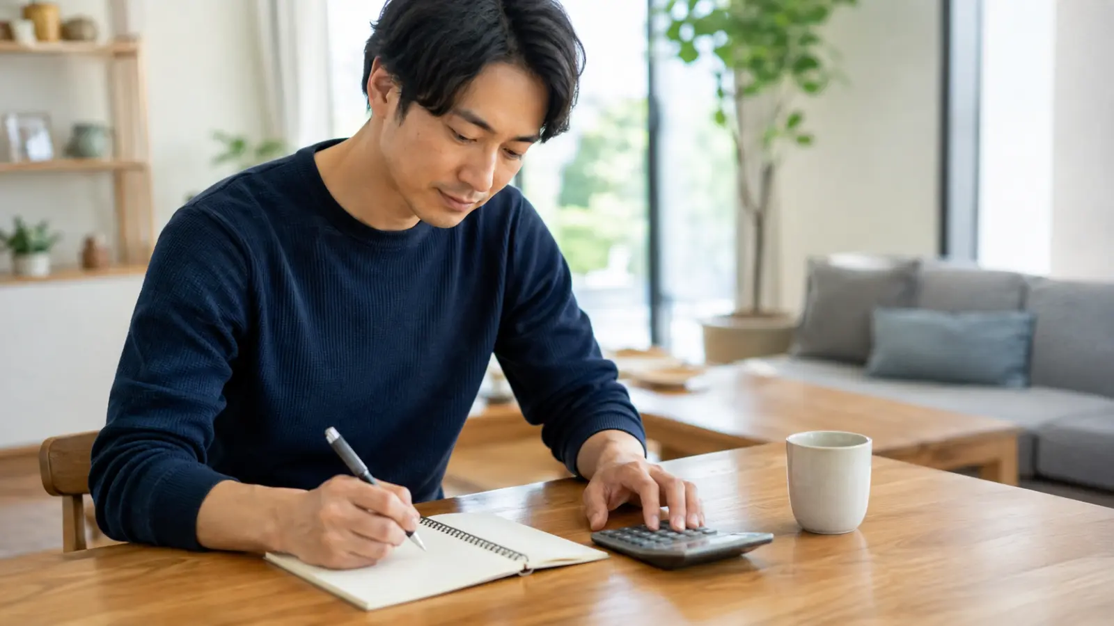 ノートに家計と将来の計画を書き出している30代の男性