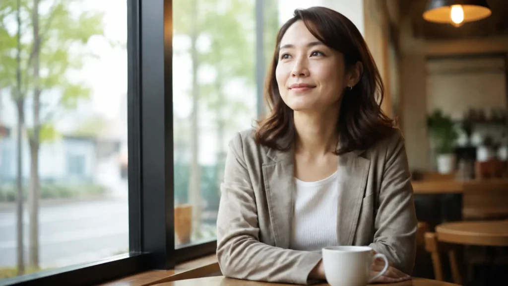 カフェの窓際で穏やかに過ごす30代の女性