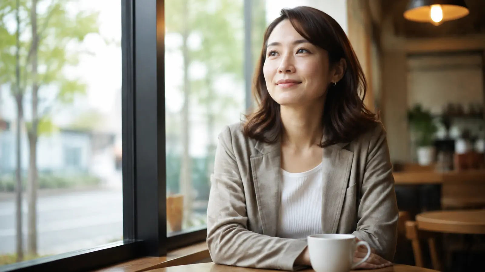 カフェの窓際で穏やかに過ごす30代の女性