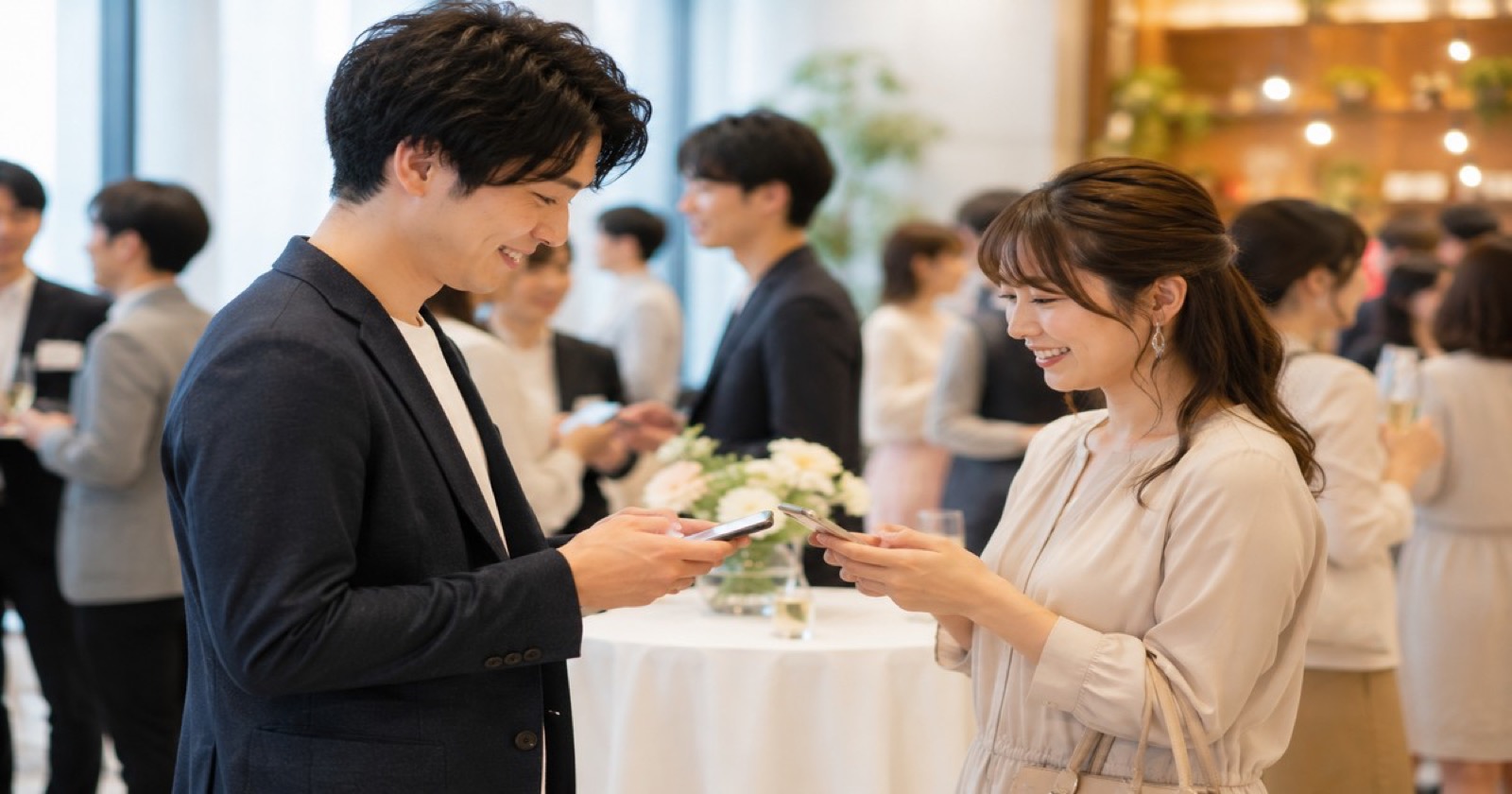パーティー会場でスマートフォンを見せ合いながら連絡先を交換する男女