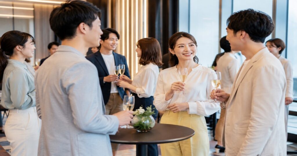 明るいパーティー会場でグラスを持ちながら男女が会話しているフリータイムの様子