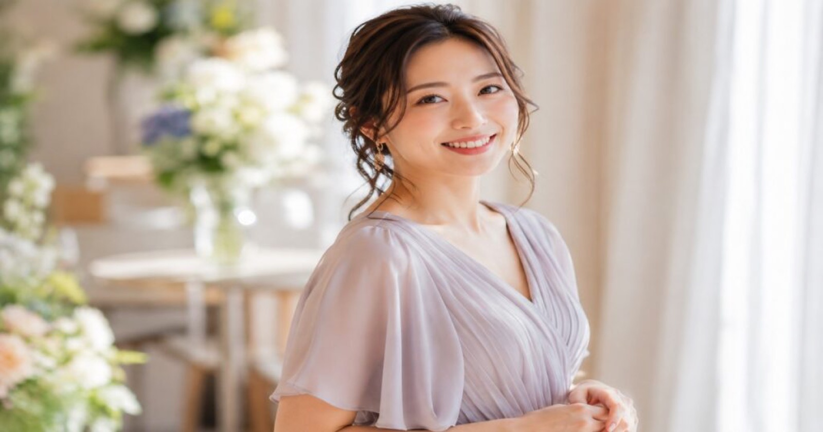 ラベンダー色のシフォンワンピースを着た女性が明るい室内で微笑んでいる様子