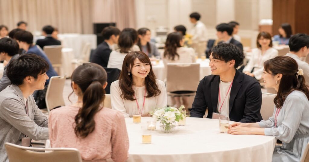 婚活パーティー会場で名札をつけた男女がテーブルを囲んで会話している様子