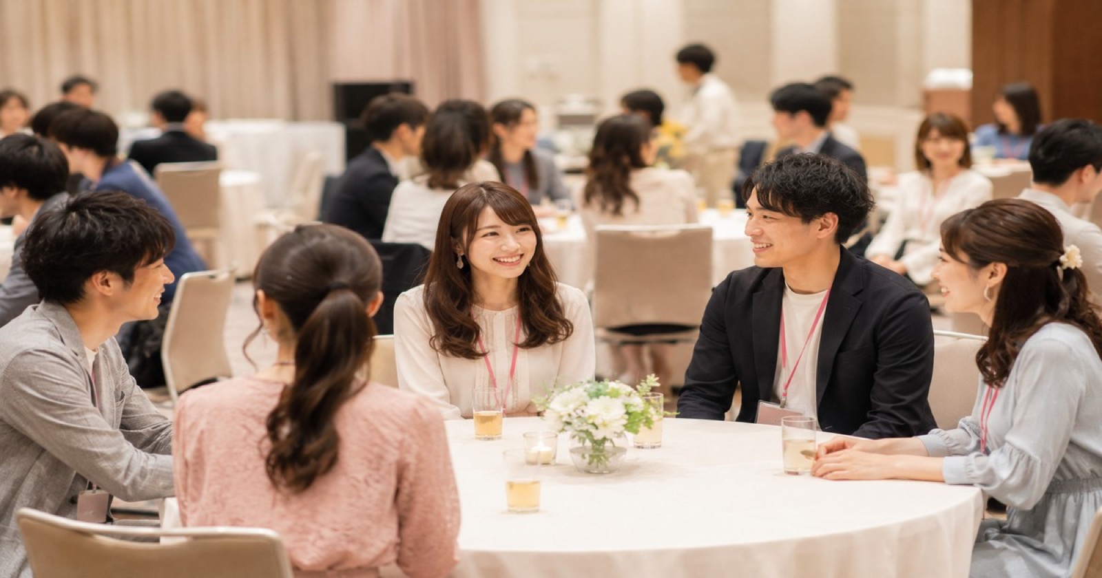 婚活パーティー会場で名札をつけた男女がテーブルを囲んで会話している様子