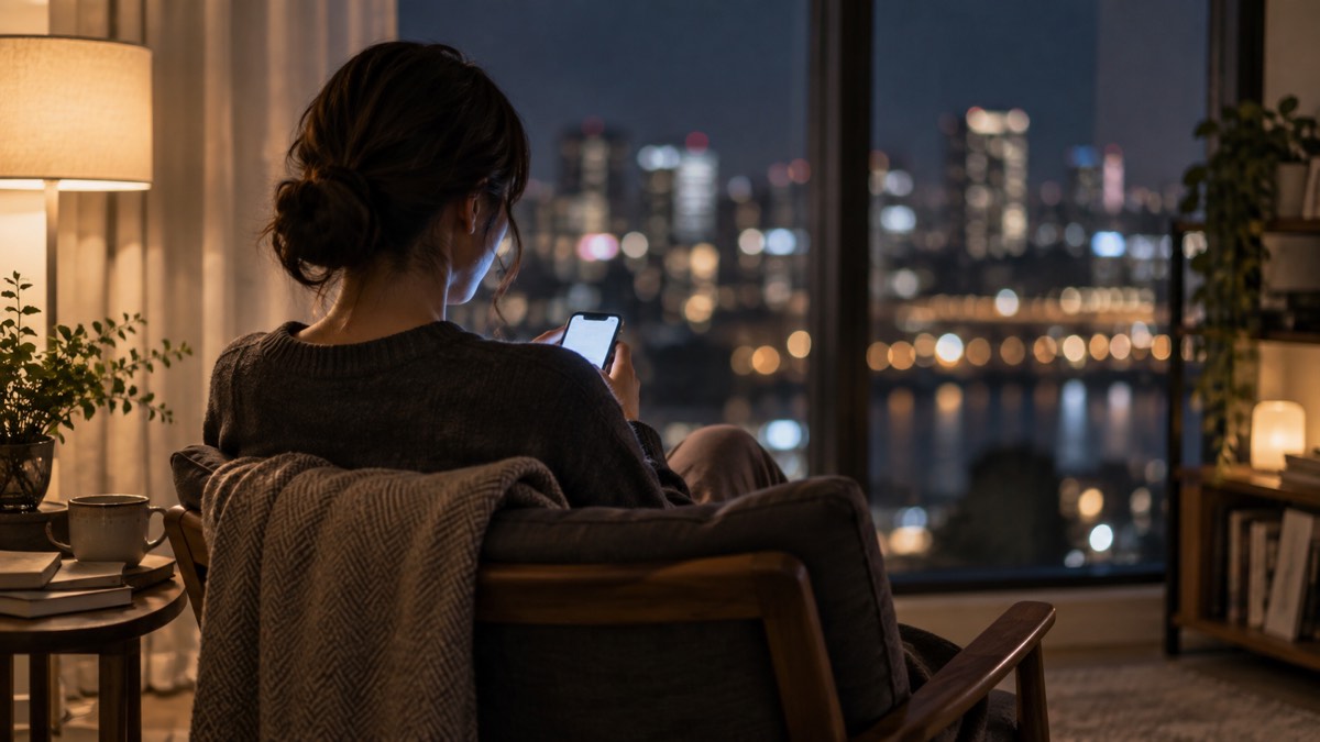 夜の部屋でスマホを見ながら結婚について考える人の後ろ姿
